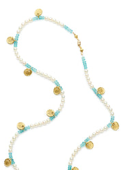 26-inch Freshwater Pearl and Apatite Bead Necklace with 18kt Gold Scallop Shells and Magnetic Clasp