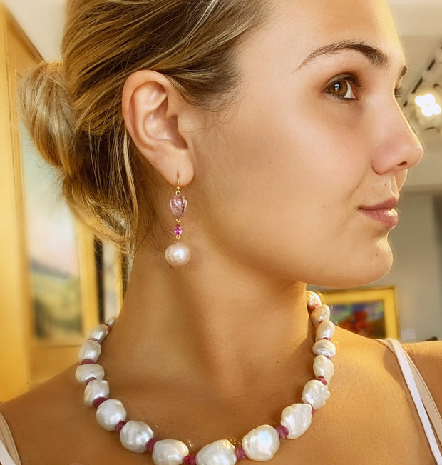 Pink Topaz, Pink Sapphire and Pink Freshwater Pearls set in 18kt Gold