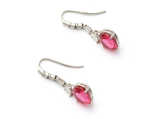 Rubellite and Diamond Dangle Earrings set in Platinum