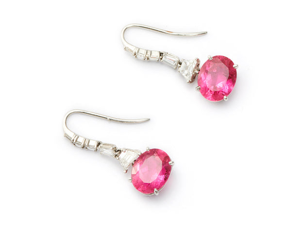 Rubellite and Diamond Dangle Earrings set in Platinum