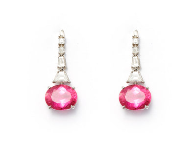 Rubellite and Diamond Dangle Earrings set in Platinum