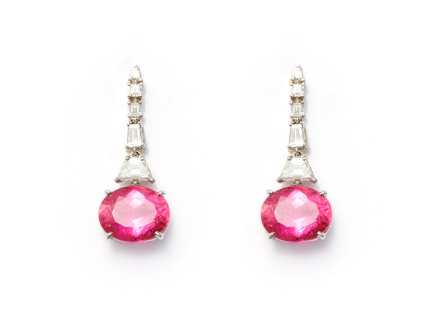 Rubellite and Diamond Dangle Earrings set in Platinum