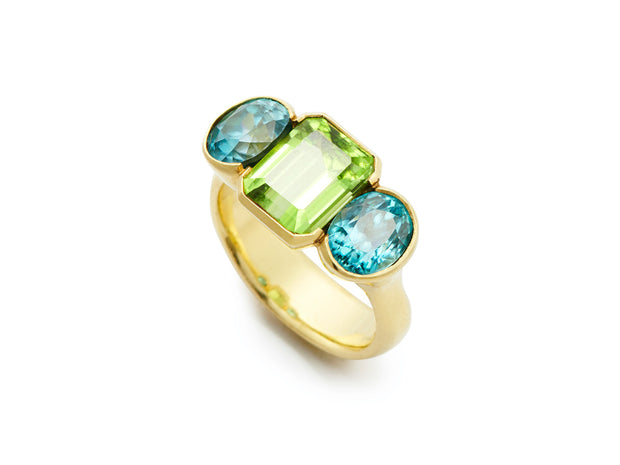 Fine Blue Zircon with Peridot Ring set in 18kt Gold