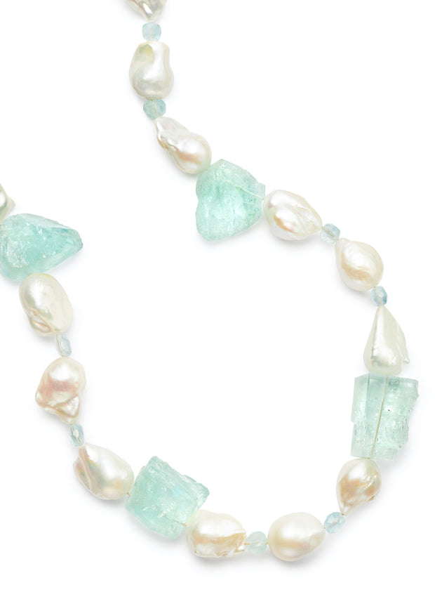 32-inch Freshwater Baroque Pearls with Mirror Cut Aquamarine and 18kt Gold Rondelles