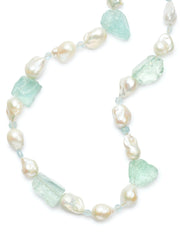 32-inch Freshwater Baroque Pearls with Mirror Cut Aquamarine and 18kt Gold Rondelles
