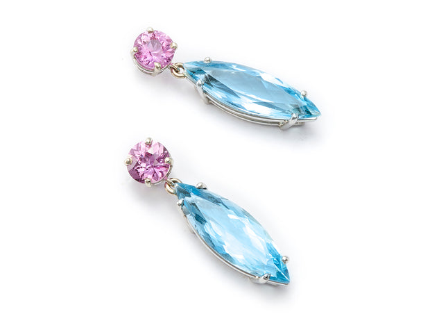 Pink Sapphire and Aquamarine Dangle Earrings