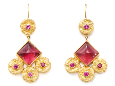 18kt Gold Bo Chic Dangle Earrings with Rubellite and Pink Sapphires