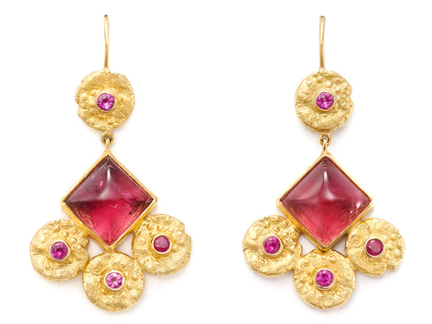 18kt Gold Bo Chic Dangle Earrings with Rubellite and Pink Sapphires