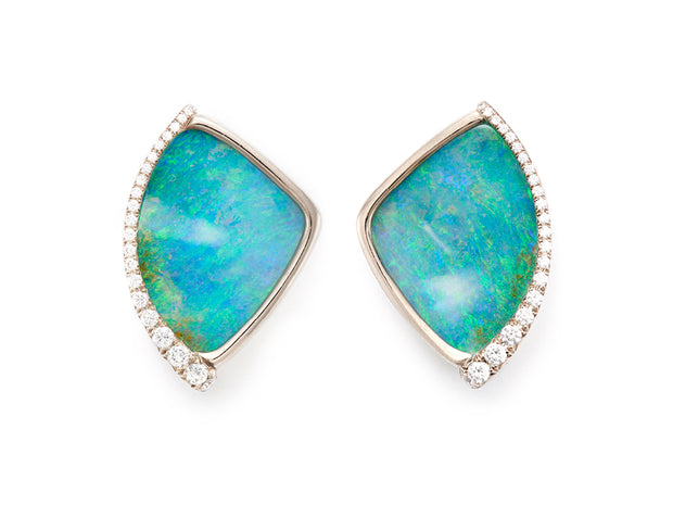 Boulder Opal and Diamond Clip-On Earrings in 18kt White Gold