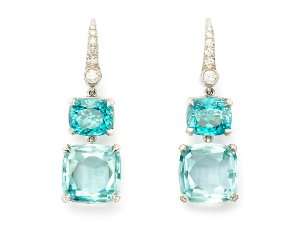 Aquamarine and Zircon Dangle Earrings in 18kt Platinum White Gold