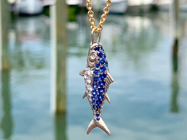 Nantucket Tuna Fish 18kt White Gold Pendant with Diamonds and Sapphires