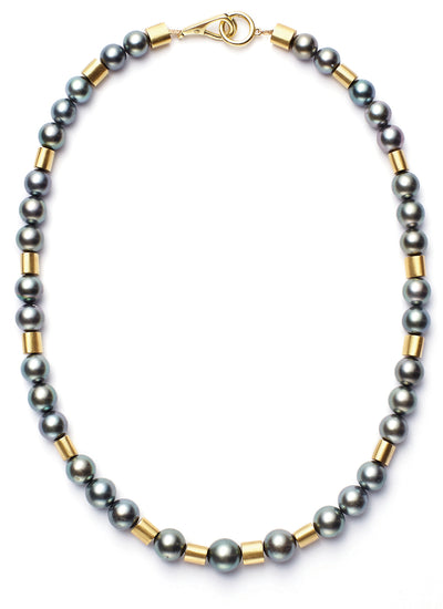 18-inch Black Tahitian Pearl and 18kt Gold Tube Necklace