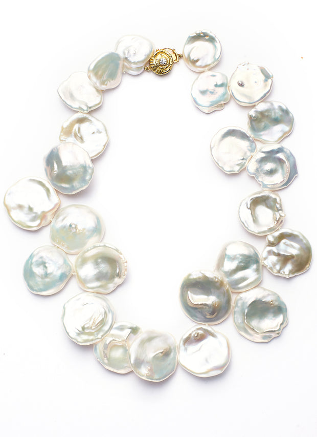 18-inch Rare Large White Keshi Pearls with 18kt Gold and Diamond Clasp