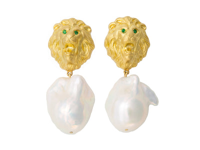 18kt Gold Lion Earrings with Emeralds and Freshwater Baroque Pearls