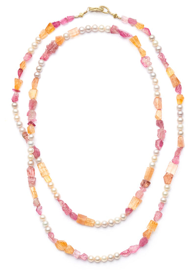 42-inch Pink Tourmaline, Orange Garnet and Pearl Necklace with 18kt Gold Clasp