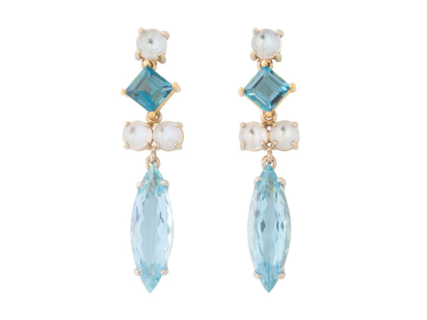 Aquamarine, Blue Topaz and Moonstone Dangle Earrings