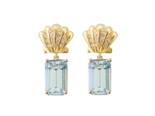 Aquamarine and Scallop Shell with Diamonds Earrings