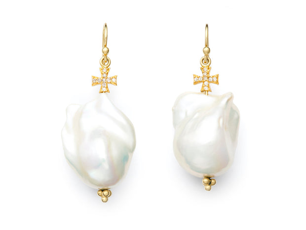 Baroque Pearl and Diamond Cross Drop Earrings in 18kt Gold
