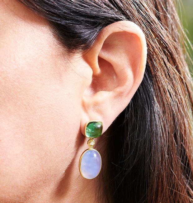 Chalcedony and Green Tourmaline Earrings with Diamonds