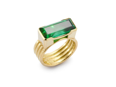 Emerald Cut Green Tourmaline Four Band Ring set in 18kt Gold