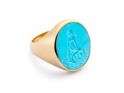 Hand Carved Sleeping Beauty Turquoise Mermaid set in 18kt Gold Signet Ring
