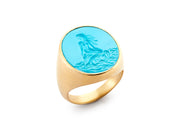 Hand Carved Sleeping Beauty Turquoise Mermaid set in 18kt Gold Signet Ring