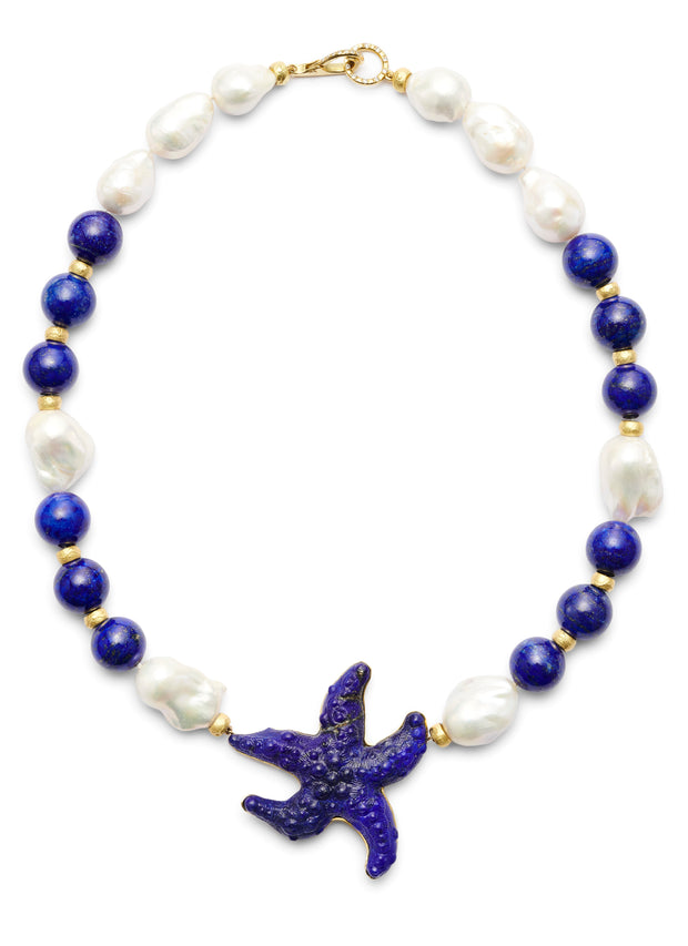 Lapis Starfish with Lapis Beads, Baroque Pearls and 18kt Gold Rondelles