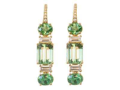 Elegant and Eye-Catching Mint Tourmaline, Tsavorite Garnet, Diamond Dangle Earrings in 18kt Gol