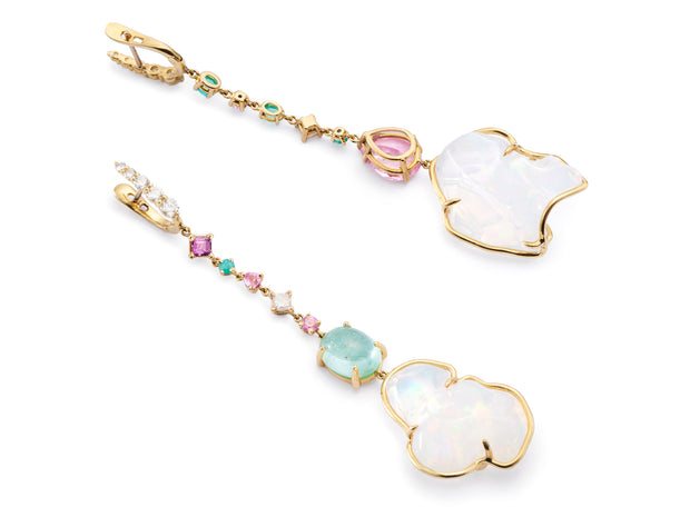 Australian Crystal Opal Drop Earrings with Pink Spinel, Paraiba and Diamonds