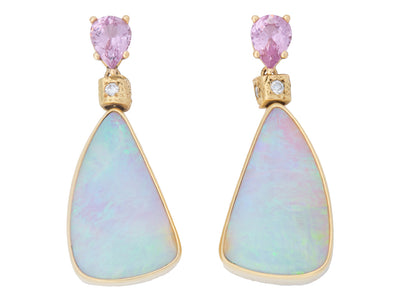 Opal, Peach Sapphire, and Diamond Dangle Earrings