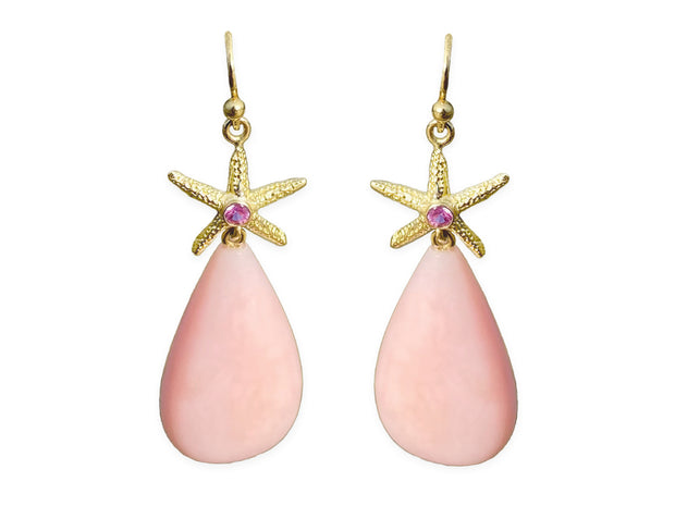Pink Opal Drop Earrings with Starfish and Pink Sapphires