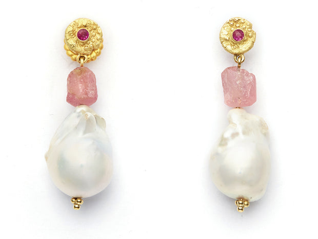 Baroque Pearl and Pink Tourmaline Earrings with Rubies set in 18kt Gold