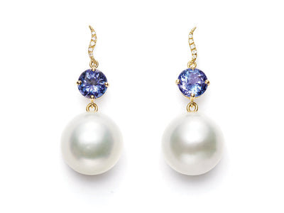 Tanzanite, Diamond and Pearl Drops in 18kt Gold