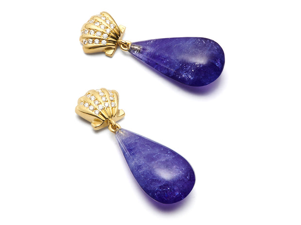 Tanzanite and Diamond Scallop Shell Earrings in 18kt Gold - 22mm