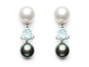 White Pearl, Aqua Trilliants and Black Pearl Earrings