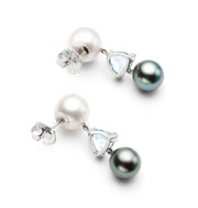 White Pearl, Aqua Trilliants and Black Pearl Earrings