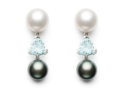 White Pearl, Aqua Trilliants and Black Pearl Earrings
