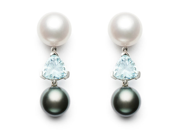 White Pearl, Aqua Trilliants and Black Pearl Earrings