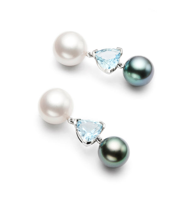 White Pearl, Aqua Trilliants and Black Pearl Earrings
