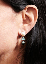 White Pearl, Aqua Trilliants and Black Pearl Earrings
