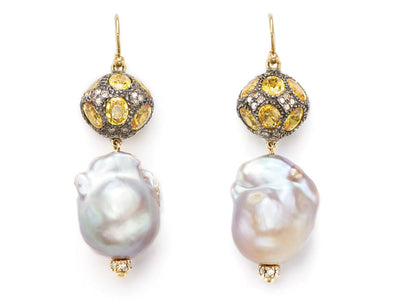 Yellow Sapphire Ball and Freshwater Baroque Pearl Earrings