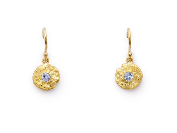 “Seaquin” Dangles set with Ceylon Sapphires in 18kt Yellow Gold